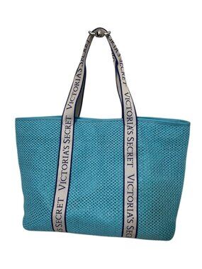 Victoria's Secret Bombshell Isle Crochet Beach Tote Bag Aqua Blue Logo Strap